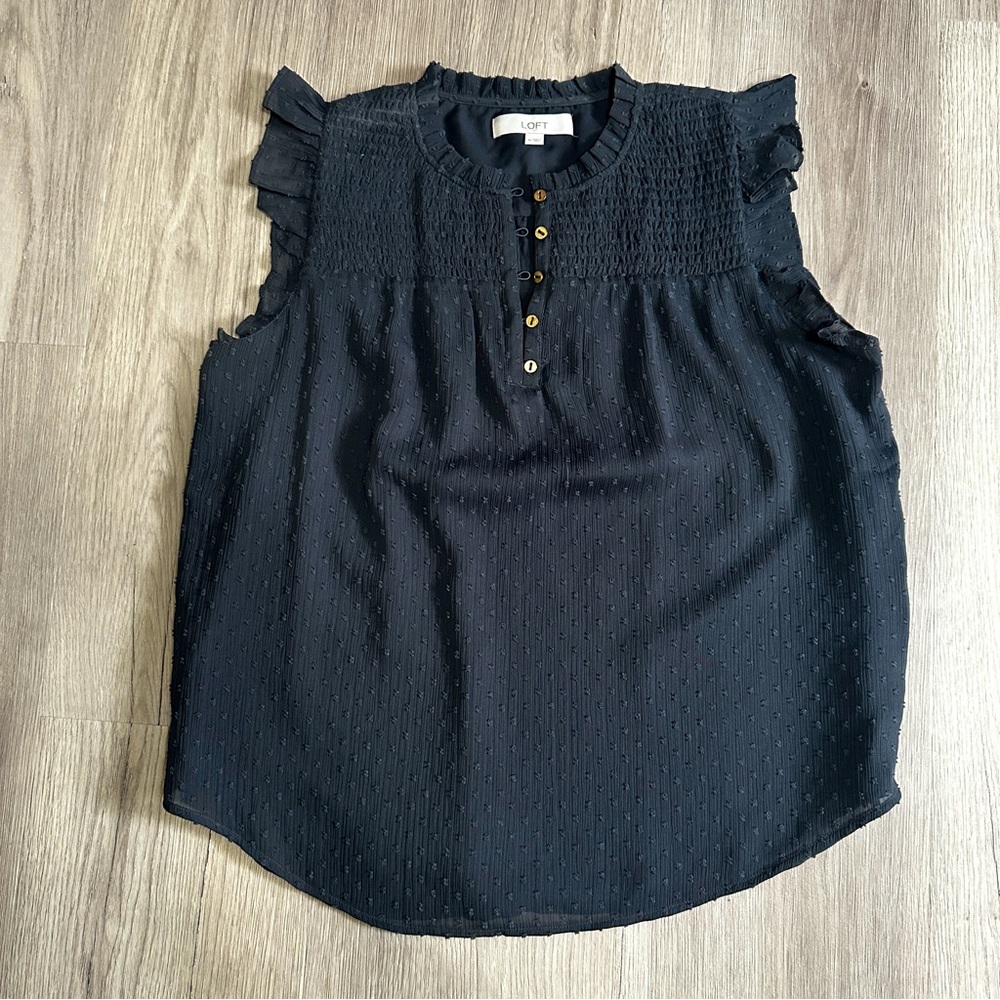 LOFT Black Short Sleeve Eyelet Blouse with Goldtone Buttons, Size M, NWOT